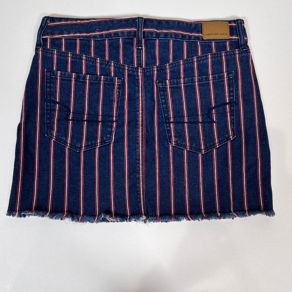American Eagle Super Stretch Red White Blue Denim Striped Mini Skirt Siz… - Picture 4 of 11